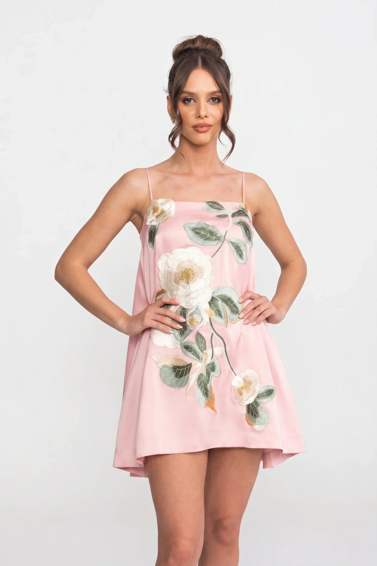 Satin Floral Applique Square Neck Spaghetti Strap Swing Mini Dress
