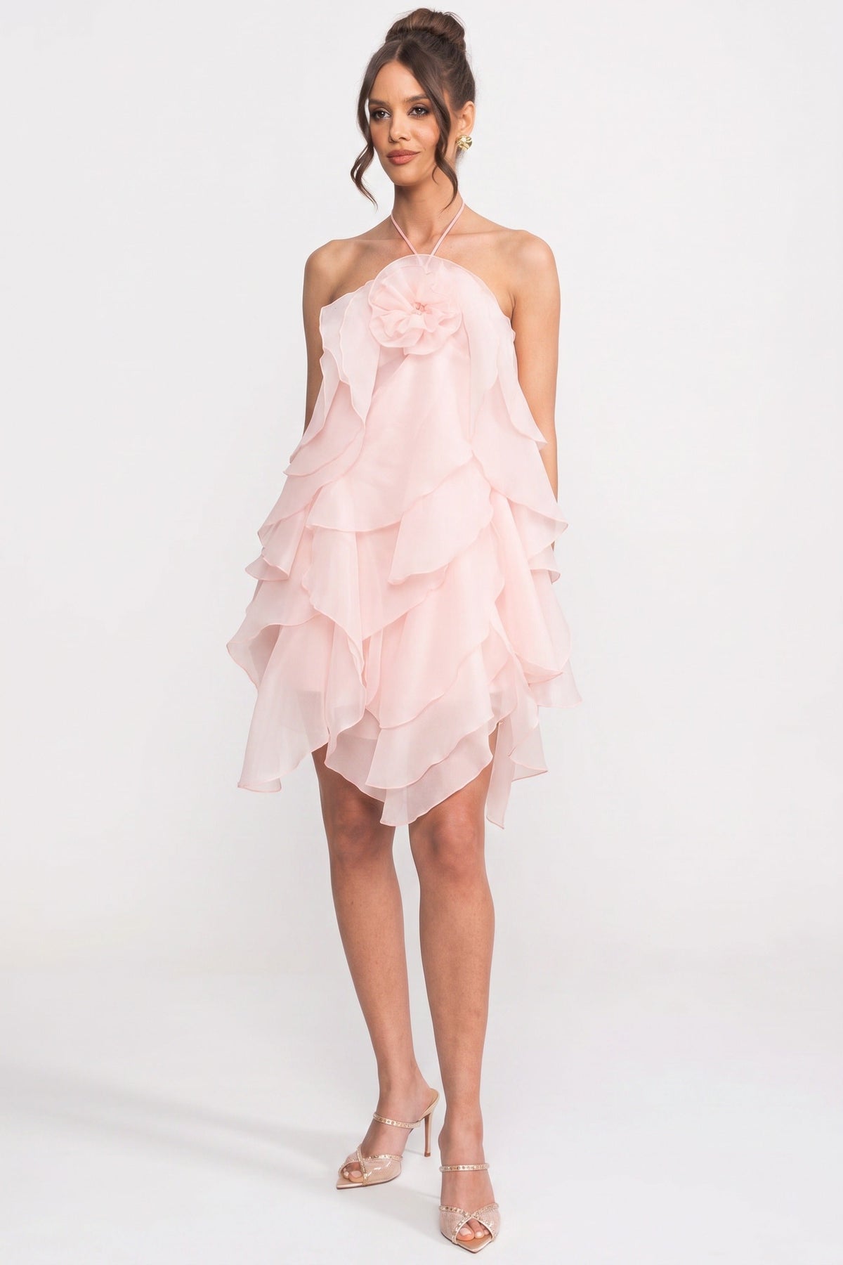 Halter Neck Rosette Tiered Ruffle Organza Mini Dress 3