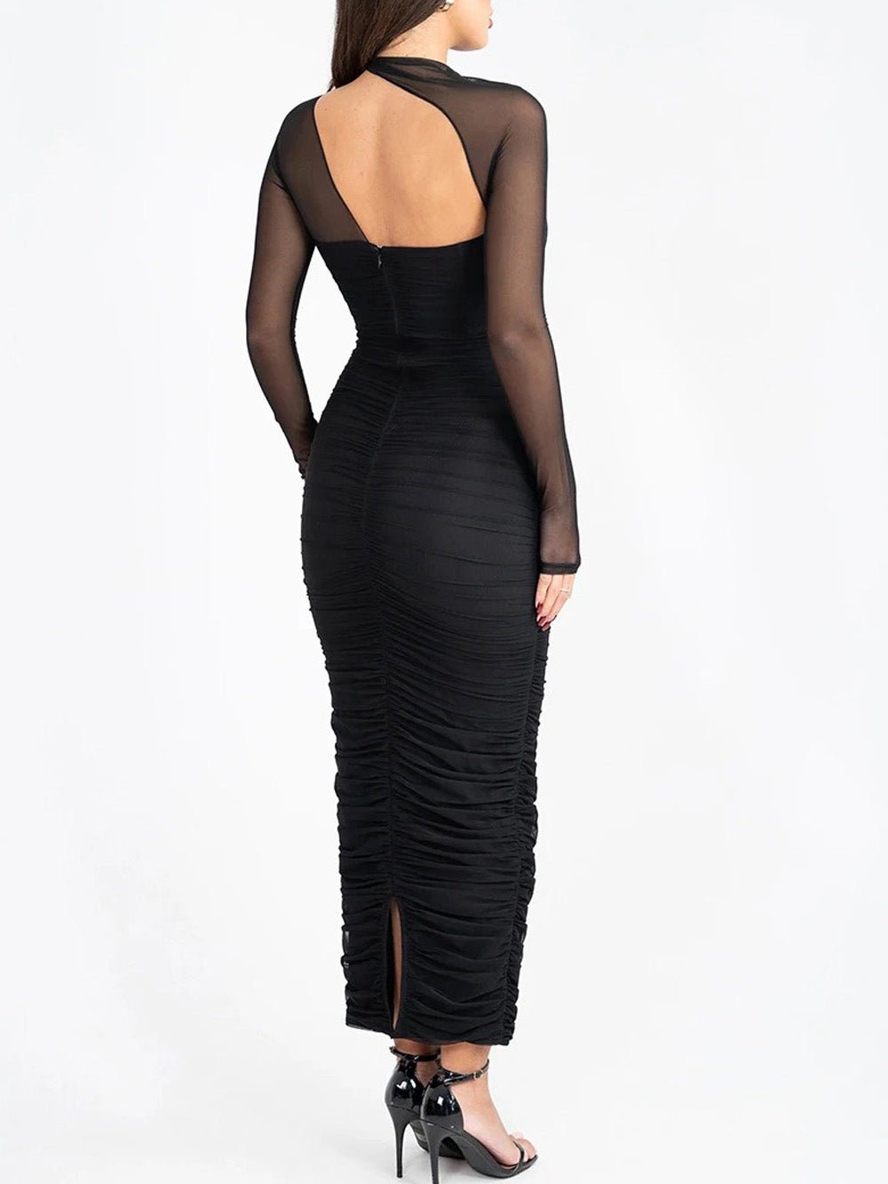 Sienna Mesh Ruched Maxi Dress Black - Fashion Pov