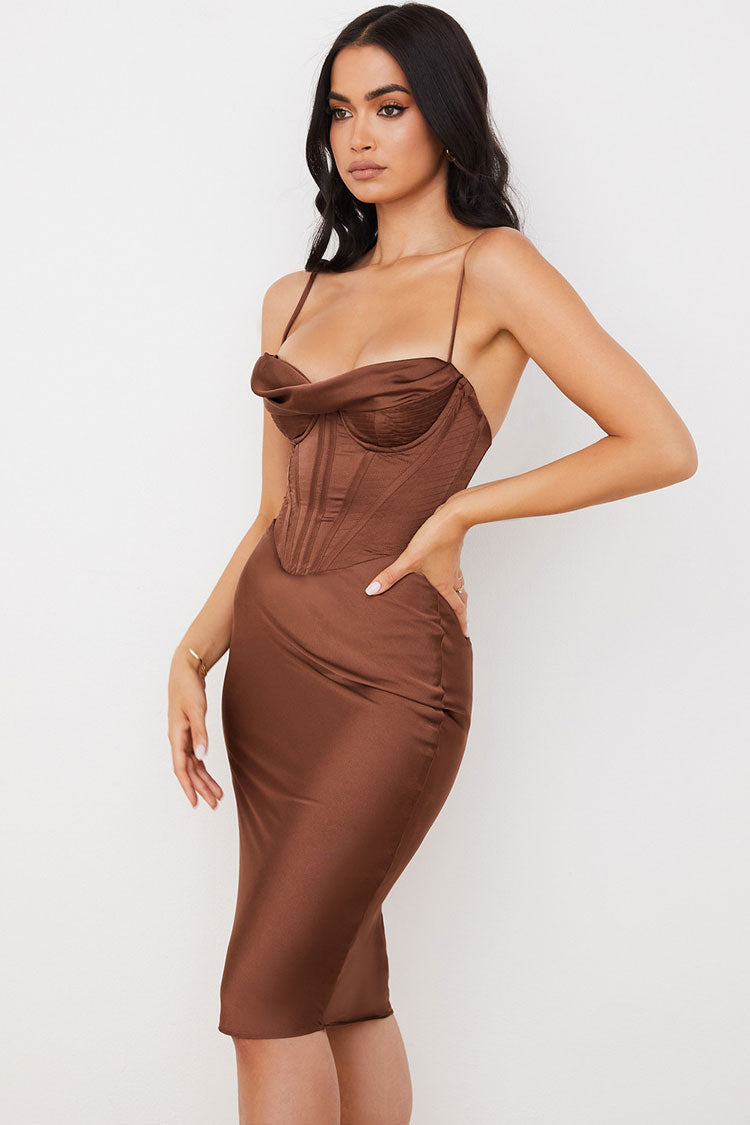 Satin Cowl Neck Spaghetti Strap Corset Bodycon Midi Dress