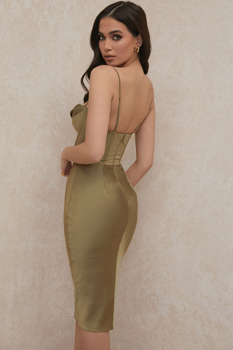 Satin Cowl Neck Spaghetti Strap Corset Bodycon Midi Dress
