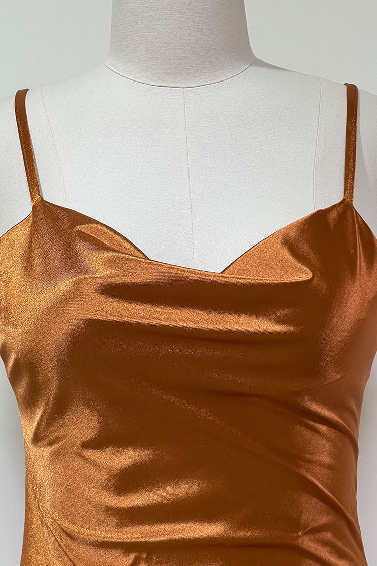 Cowl Neck Spaghetti Strap High Slit Satin Slip Midi Dress