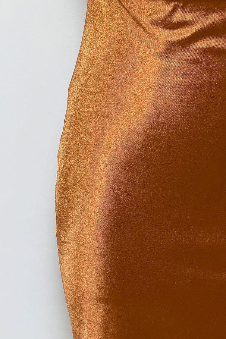 Cowl Neck Spaghetti Strap High Slit Satin Slip Midi Dress