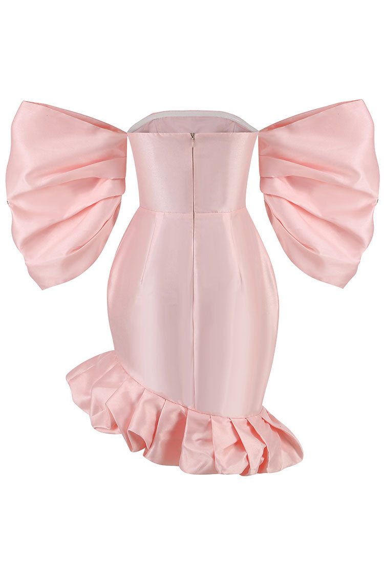 Silky Off The Shoulder Puff Sleeve Oversized Ruffle Satin Party Mini Dress - Pink 4