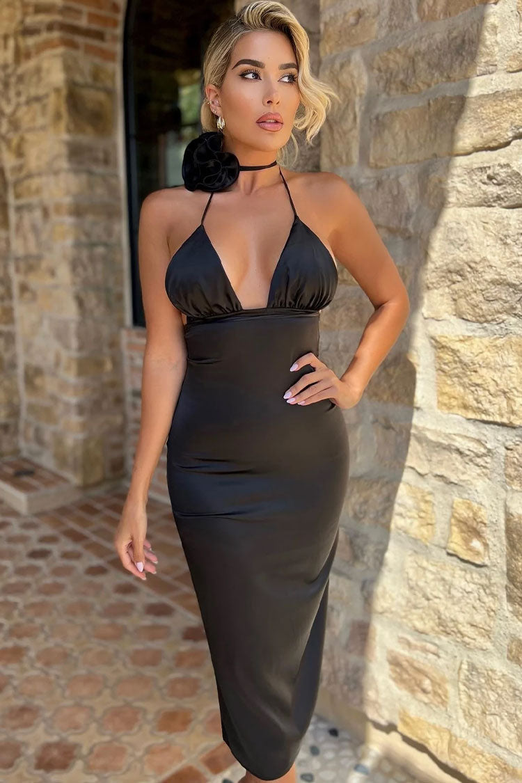 Satin Deep V-Neck 3D Flower Ruched Bodycon Midi Dress