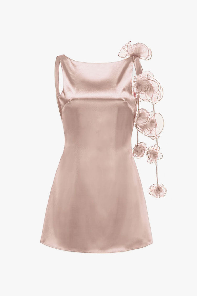 Silky Satin Boat Neck Rosette Draped Backless Tank Party Mini Dress