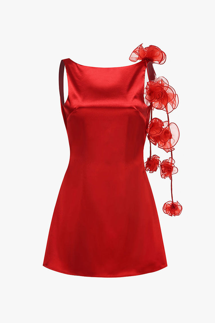Silky Satin Boat Neck Rosette Draped Backless Tank Party Mini Dress
