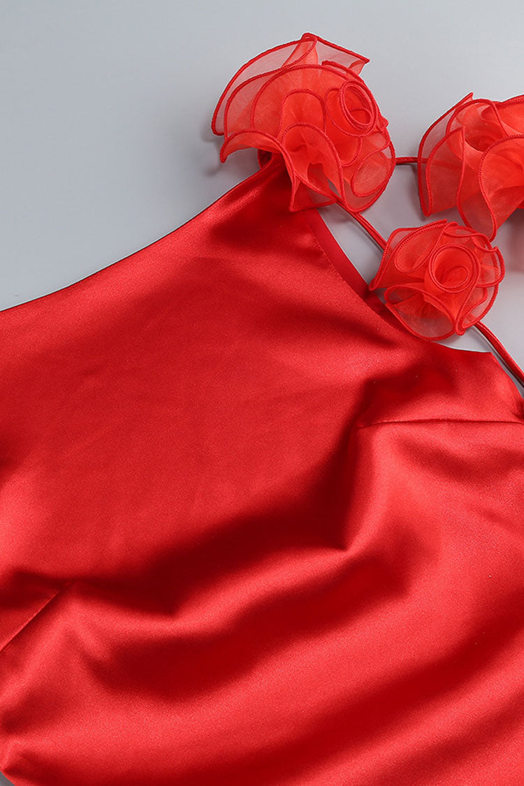 Silky Satin Boat Neck Rosette Draped Backless Tank Party Mini Dress