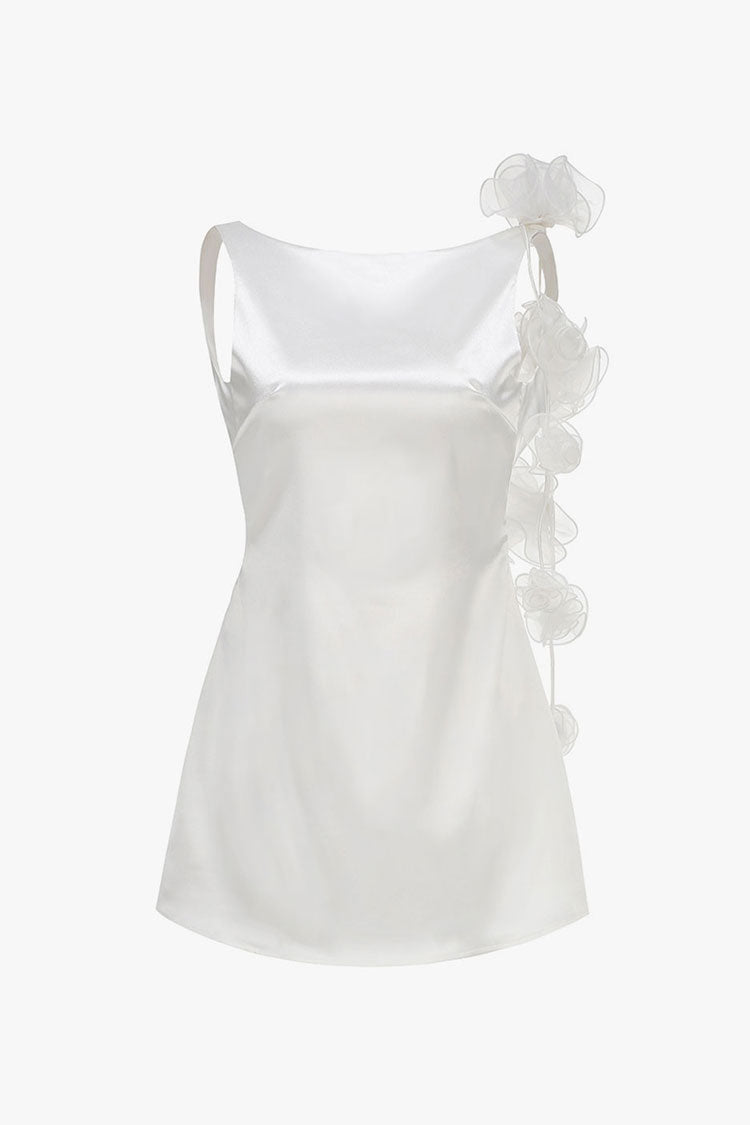 Silky Satin Boat Neck Rosette Draped Backless Tank Party Mini Dress