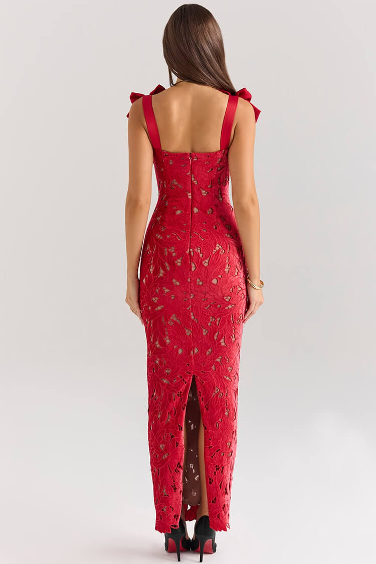 Silky Satin Bow Trim Sleeveless Bodycon Guipure Lace Evening Maxi Dress