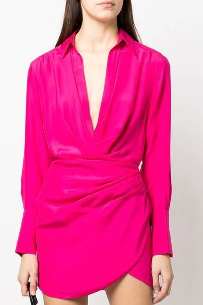 Satin Collared Deep V-Neck Long Sleeve Draped Wrap Shirt Mini Dress