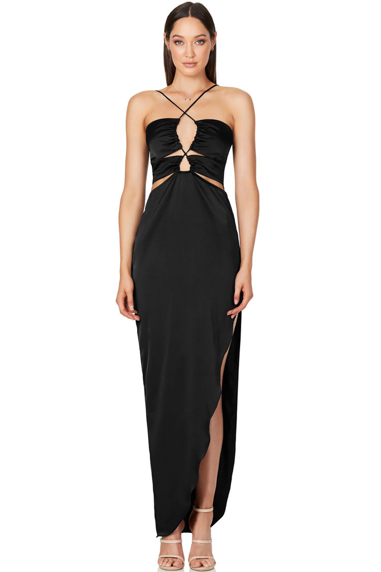 Satin Halter Neck Cross Strap Multi Cut Out Ruched High Split Maxi Gown