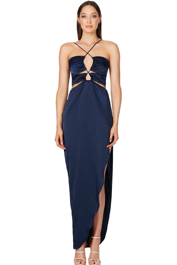 Satin Halter Spaghetti Strap Keyhole Waist Cut Out High Split Maxi Gown