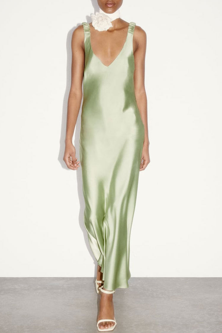 Satin V-Neck Ruched Strap Sleeveless Maxi Slip Dress