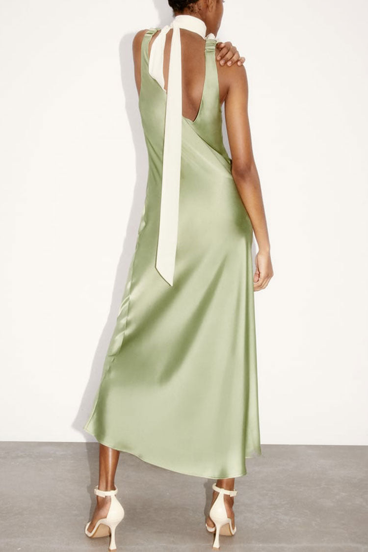 Silky Satin Deep V Ruched Suspender Strap Sleeveless Maxi Dress - Green 3