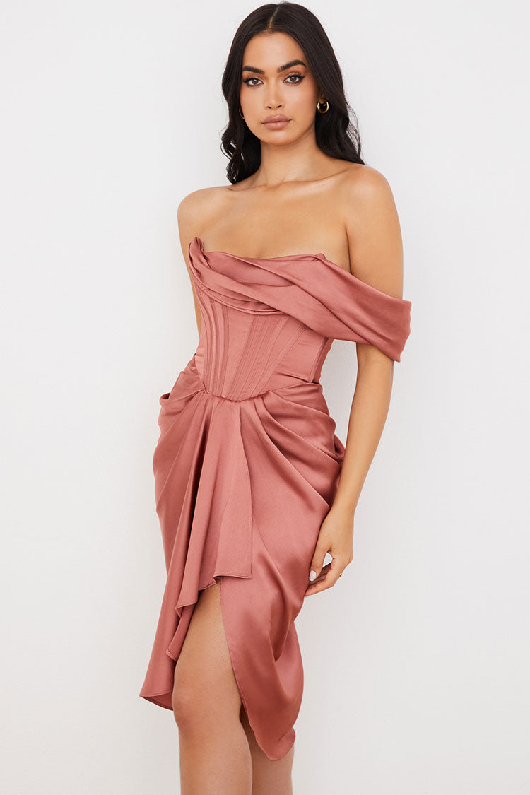 Satin Off Shoulder Corset Ruched High Low Bodycon Midi Dress