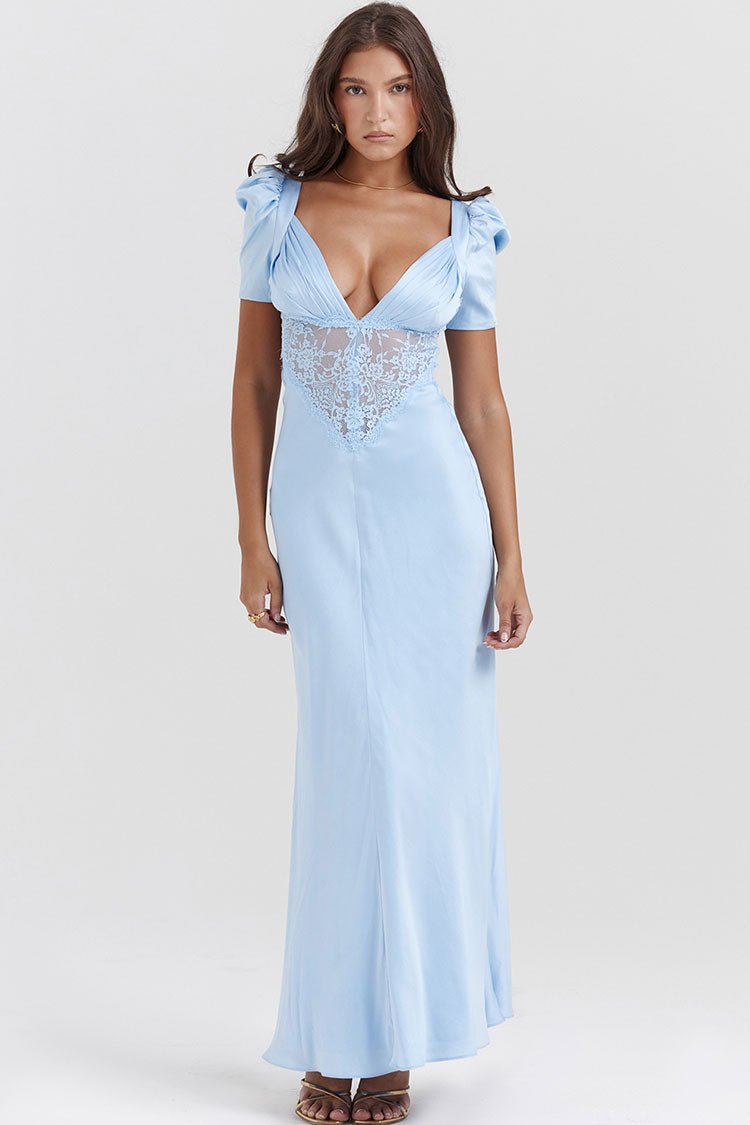 Satin Deep V-Neck Short Puff Sleeve Lace Panel Maxi Dress