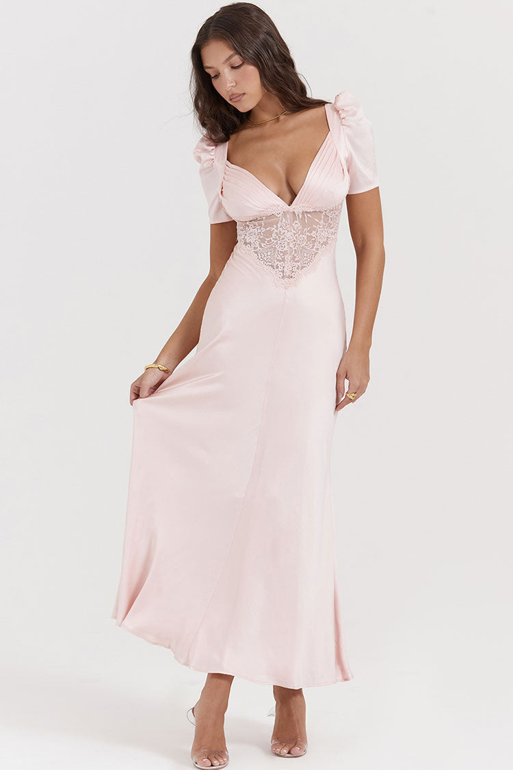 Silky Satin Pleated Deep V Fishtail Evening Maxi Dress - Pink - View 4