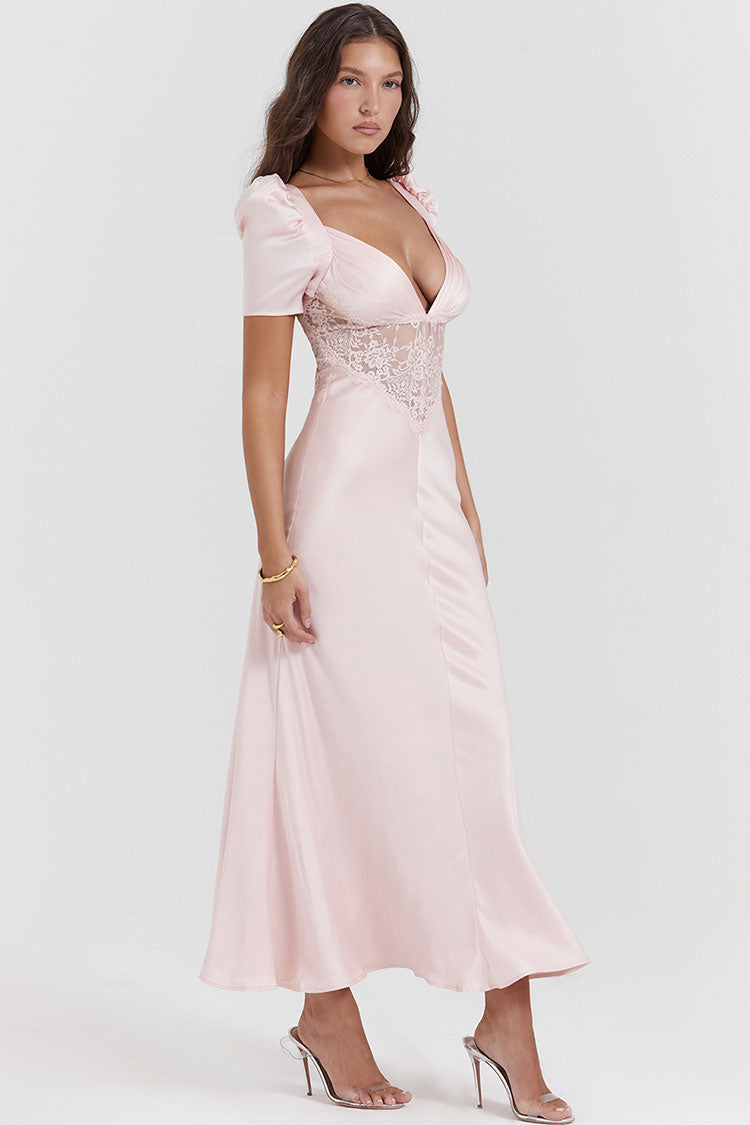 Silky Satin Pleated Deep V Fishtail Evening Maxi Dress - Pink - View 5