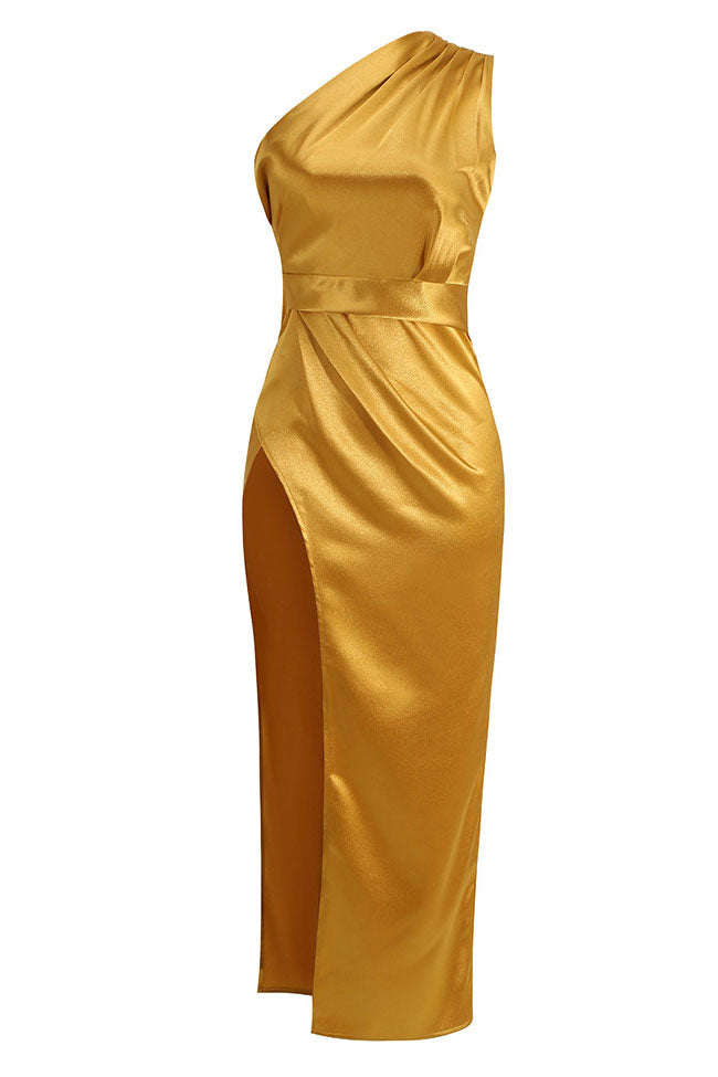 Satin Pleated One Shoulder High Slit Midi Dress