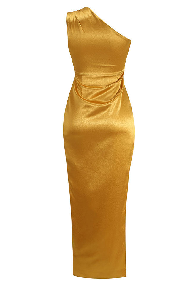 Satin Pleated One Shoulder High Slit Midi Dress