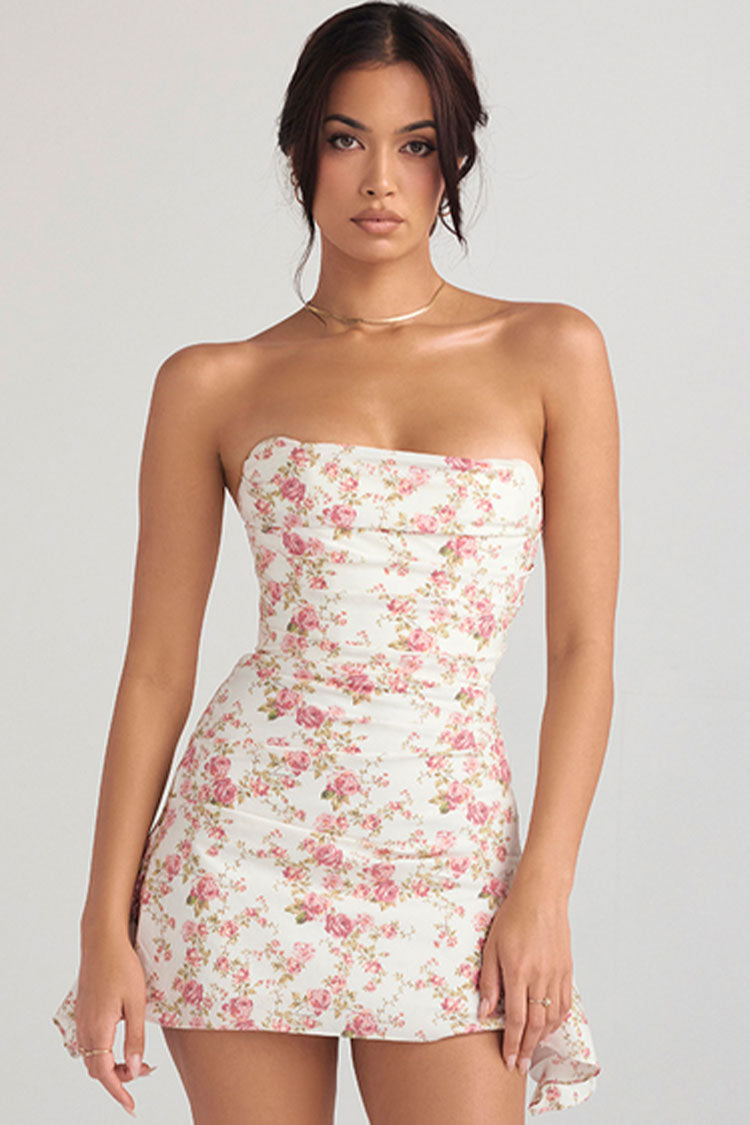 Floral Strapless Ruched Bodycon Mini Dress