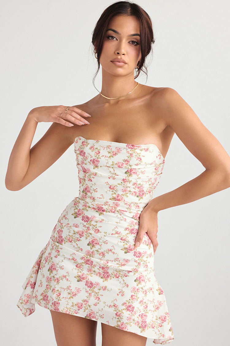 Floral Strapless Ruched Bodycon Mini Dress