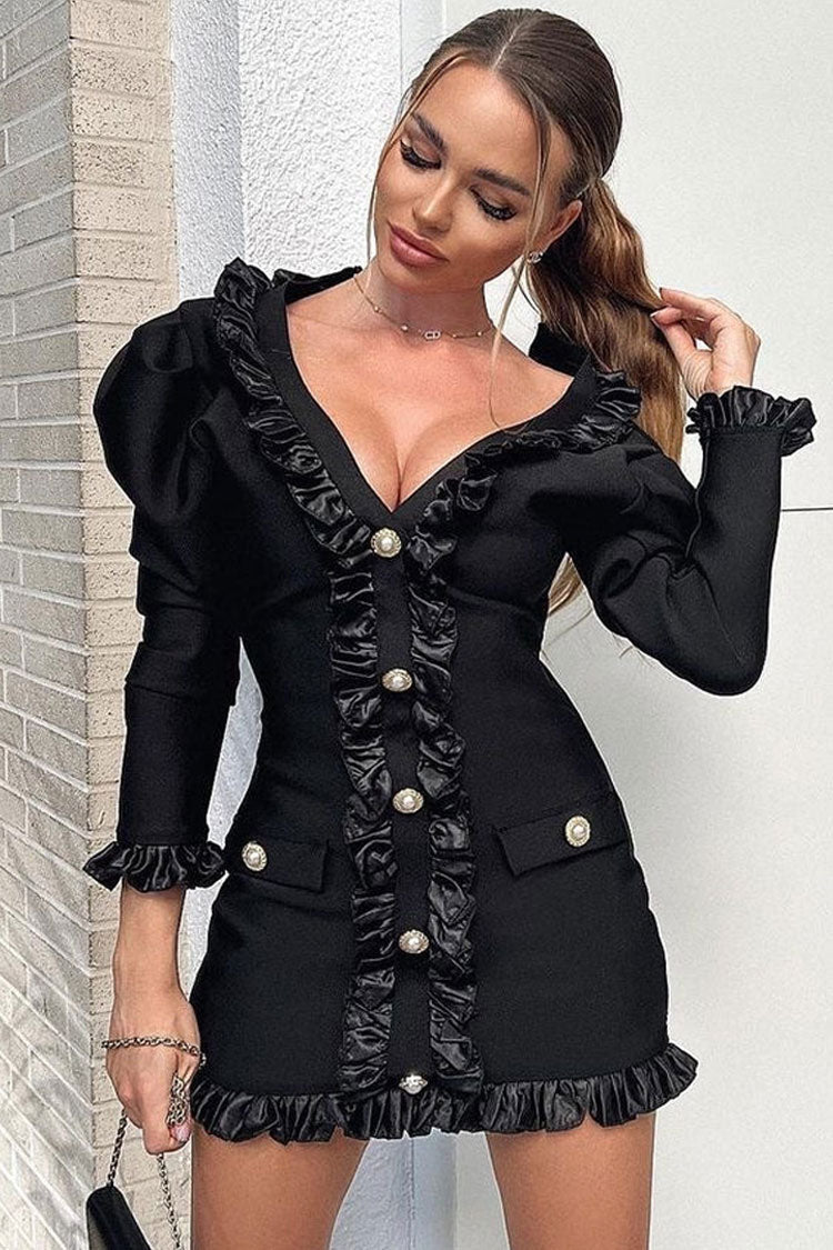 Deep V-Neck Puff Sleeve Ruffle Trim Button Bodycon Mini Dress
