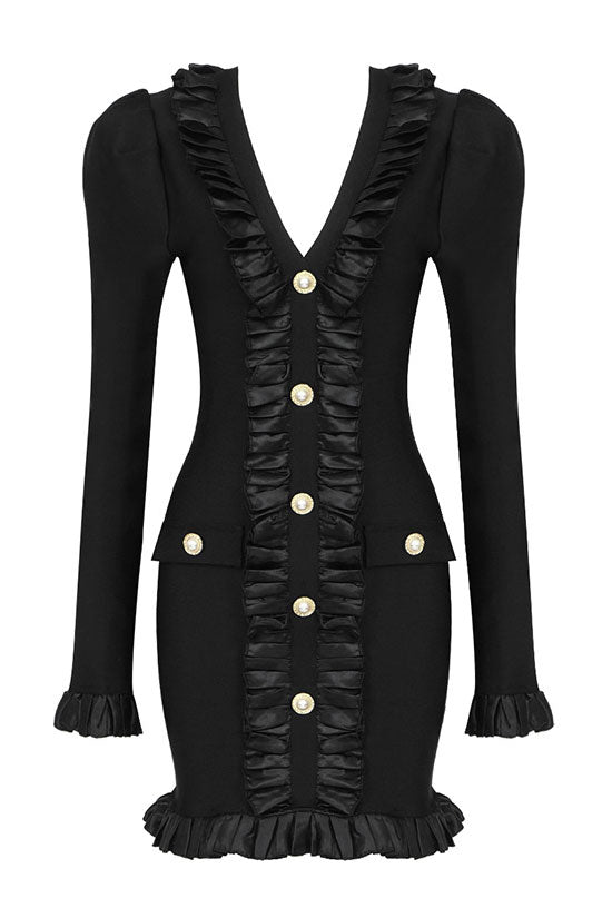 Deep V-Neck Puff Sleeve Ruffle Trim Button Bodycon Mini Dress