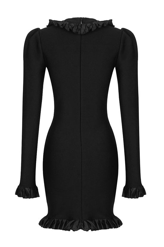 Deep V-Neck Puff Sleeve Ruffle Trim Button Bodycon Mini Dress