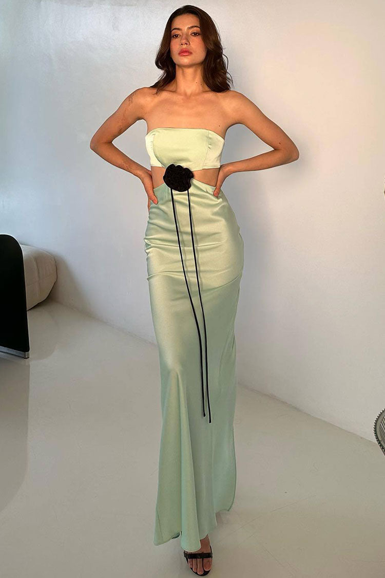 Satin Strapless Cut Out Rosette Tie Front Maxi Dress