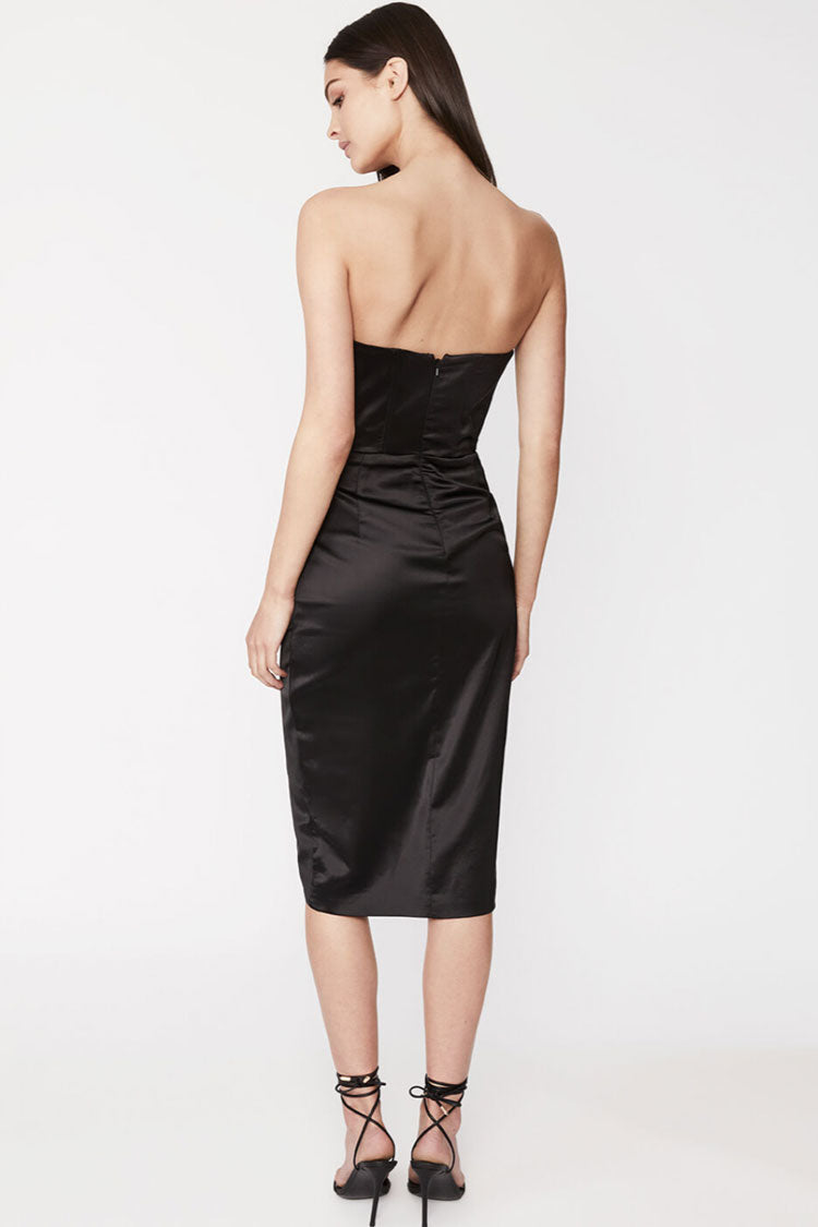 Satin Strapless Ruched Corset Draped High Split Midi Dress