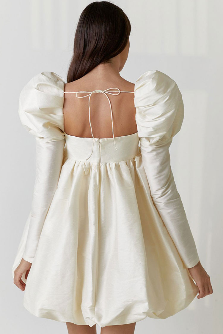 Silky Satin Square Neck Puff Sleeve Babydoll Mini Dress - Beige - View 2