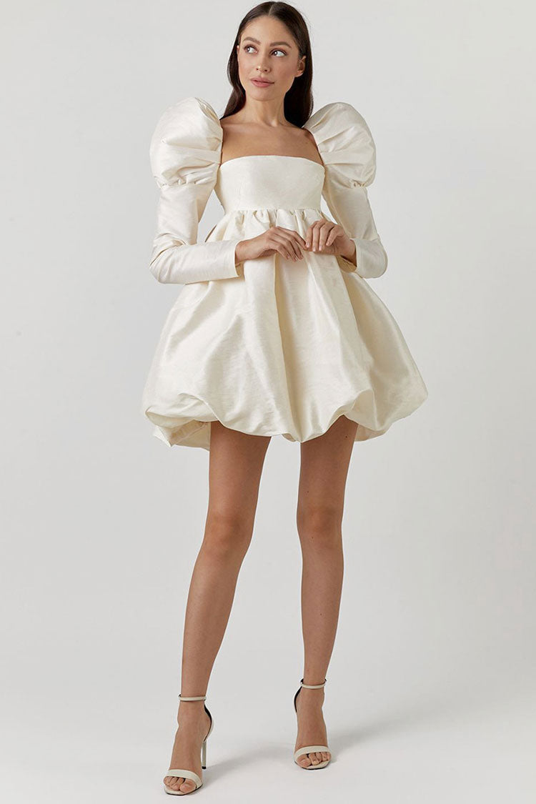 Silky Satin Square Neck Puff Sleeve Babydoll Mini Dress - Beige - View 3