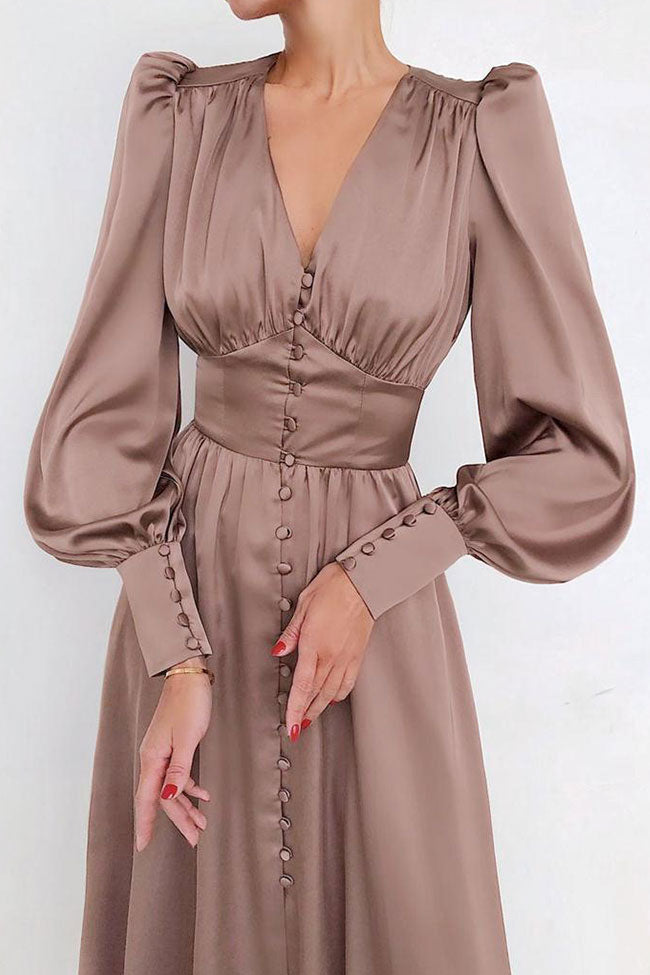 Silky Satin V Neck Puff Sleeve Button Up Shirt Midi Dress - Brown - View 2