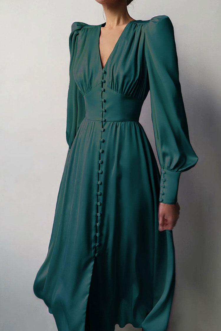 Silky Satin V Neck Puff Sleeve Button Up French Shirt Midi Dress - Dark Green 2