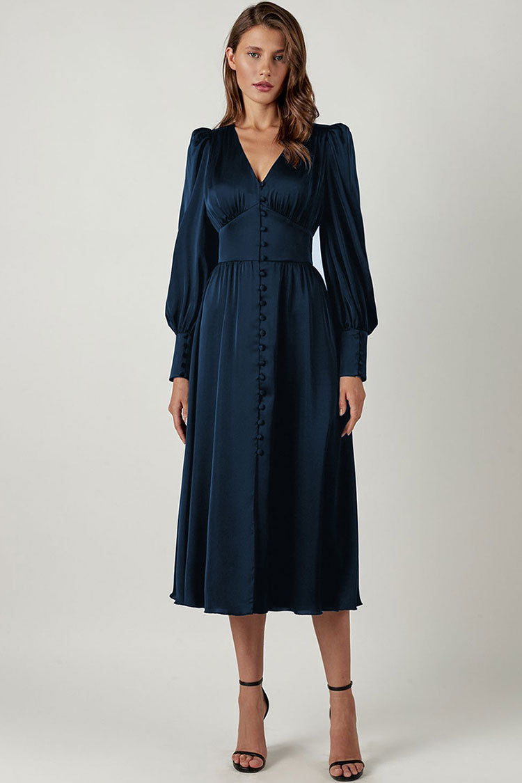 Satin V-Neck Puff Sleeve Button Front A-Line Midi Dress