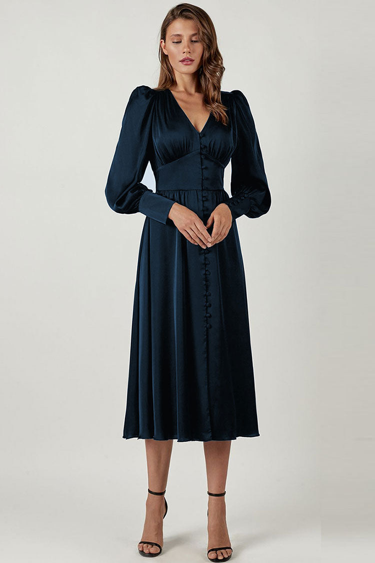 Silky Satin V Neck Puff Sleeve Shirt Midi Dress - Navy Blue - View 2