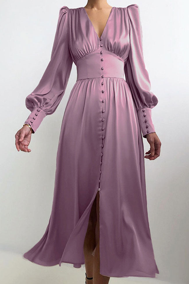 Satin V-Neck Puff Sleeve Button Front Split Midi Dress