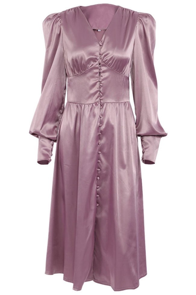 Silky Satin V Neck Puff Sleeve Button Up French Shirt Midi Dress - Purple 2