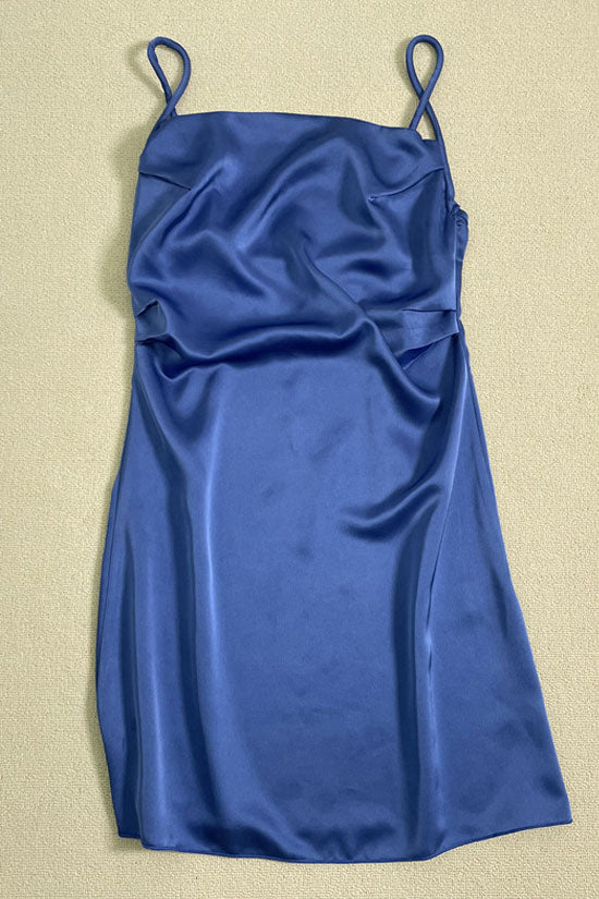 Square Neck Spaghetti Strap Ruched Satin Slip Mini Dress