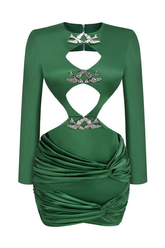 Satin High Neck Long Sleeve Cut Out Twist Ruched Mini Dress