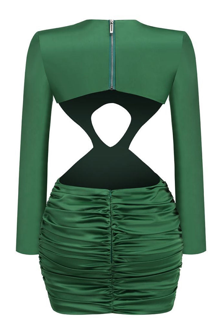 Satin High Neck Long Sleeve Cut Out Twist Ruched Mini Dress