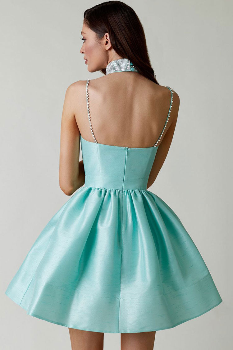 Silky Sweetheart Spaghetti Strap Pleated Satin Skater Mini Dress - Teal 4