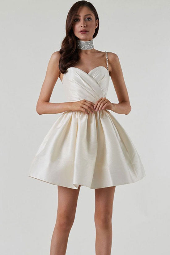Silky Sweetheart Spaghetti Strap Pleated Satin Skater Mini Dress - White 2