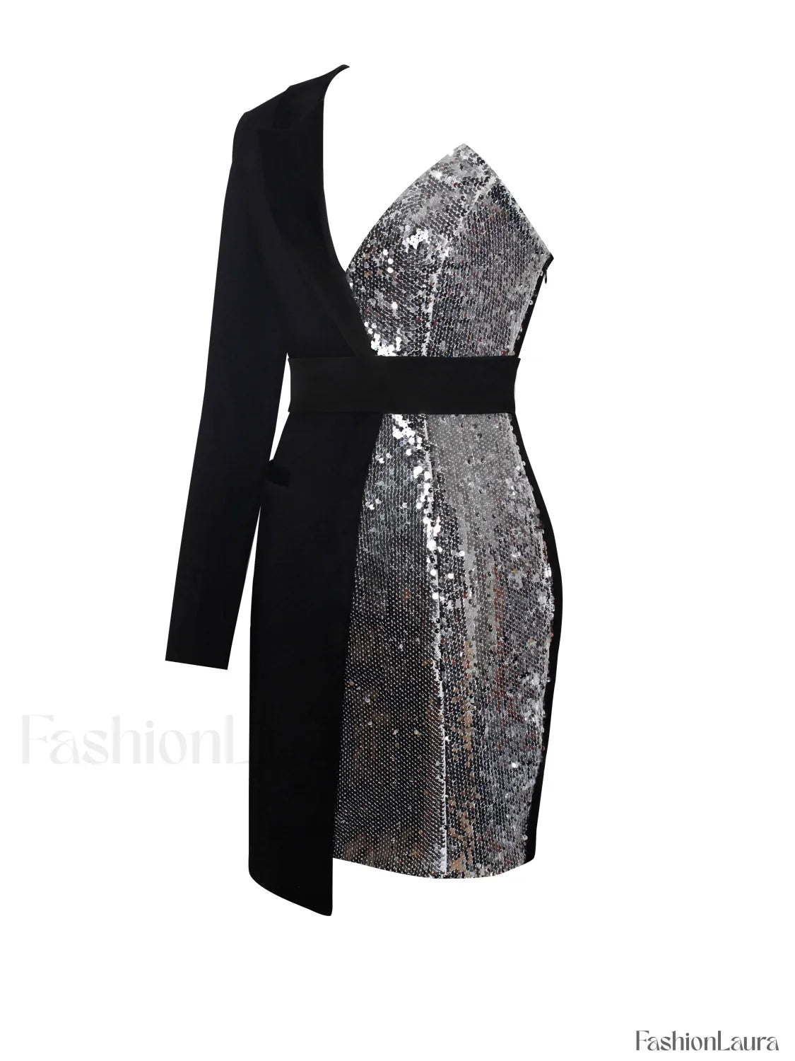 Silver Night Black Sequin Graceful Crepe Tuxedo Blazer Dress