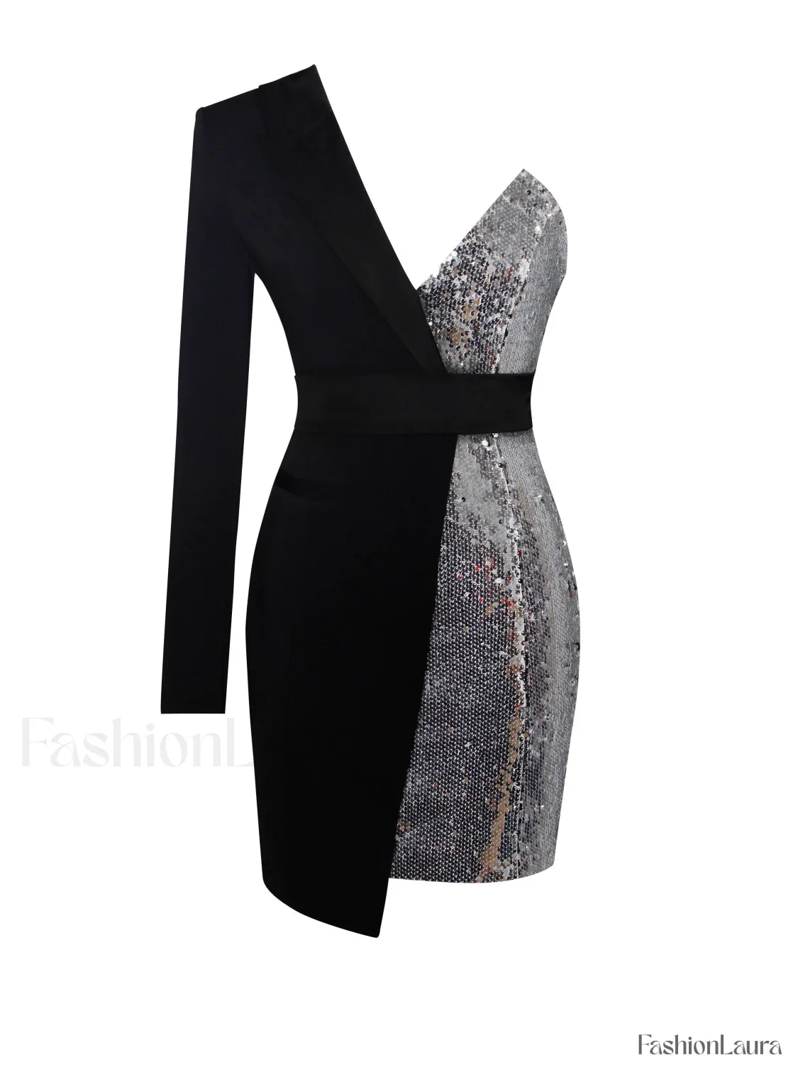 Silver Night Black Sequin Graceful Crepe Tuxedo Blazer Dress