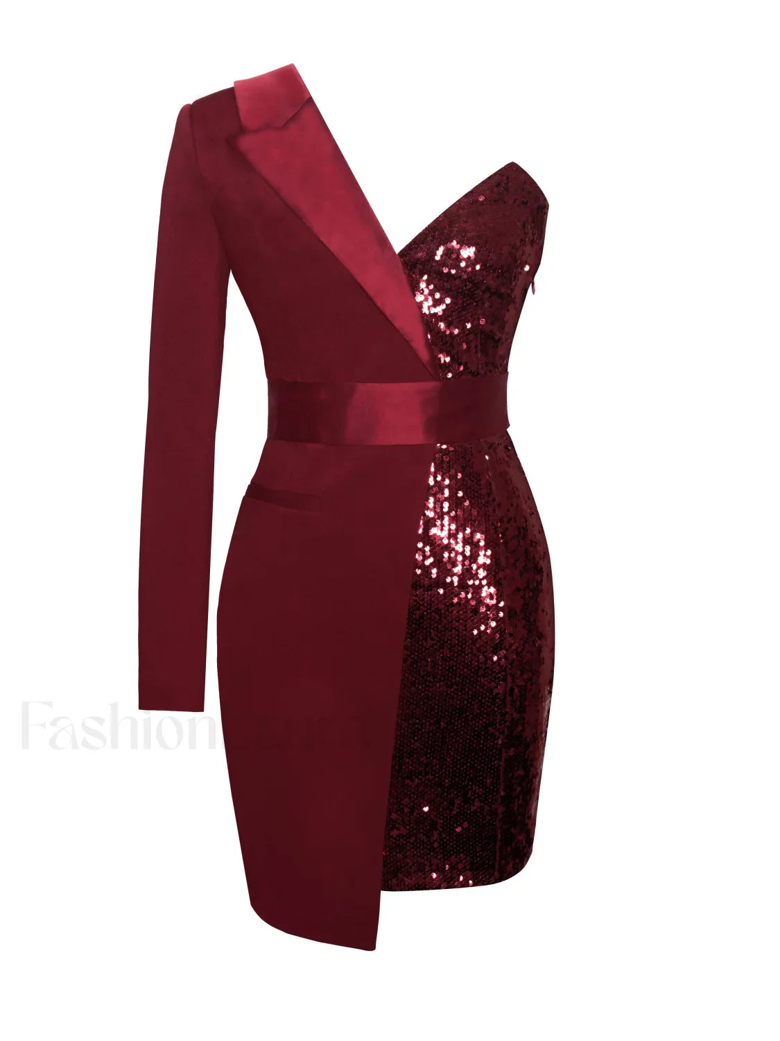 Silver Night Wine Red Graceful Sequin Crepe Tuxedo Blazer Dress