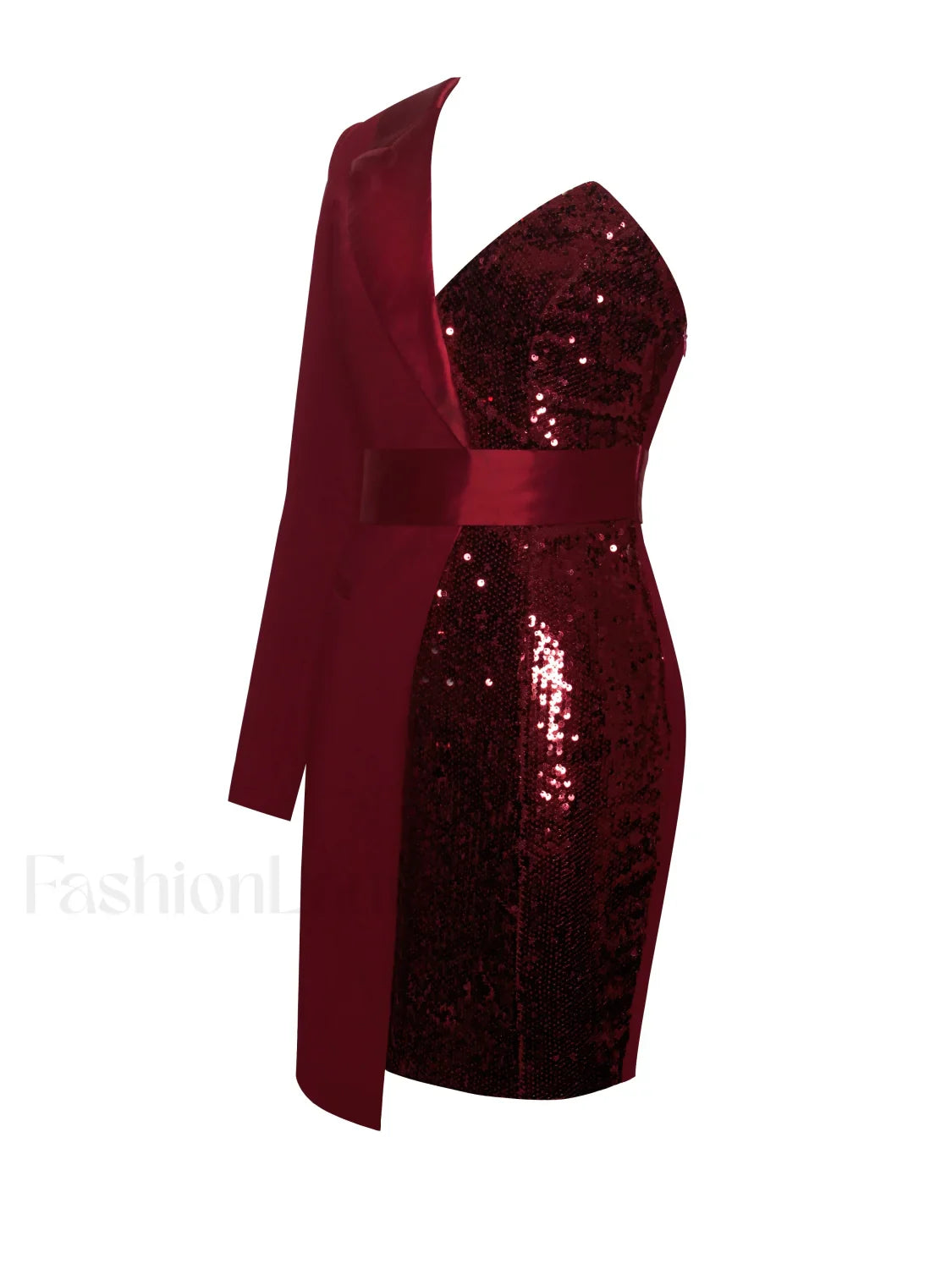 Silver Night Wine Red Graceful Sequin Crepe Tuxedo Blazer Dress