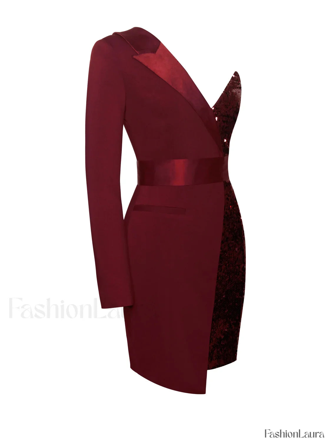 Silver Night Wine Red Graceful Sequin Crepe Tuxedo Blazer Dress